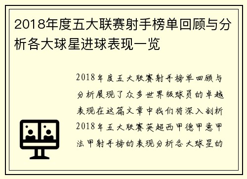 2018年度五大联赛射手榜单回顾与分析各大球星进球表现一览