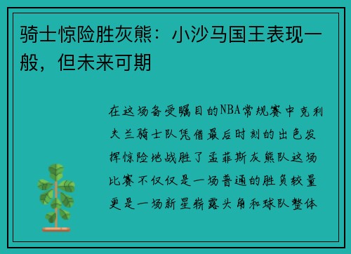 骑士惊险胜灰熊：小沙马国王表现一般，但未来可期