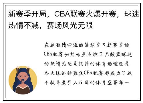 新赛季开局，CBA联赛火爆开赛，球迷热情不减，赛场风光无限