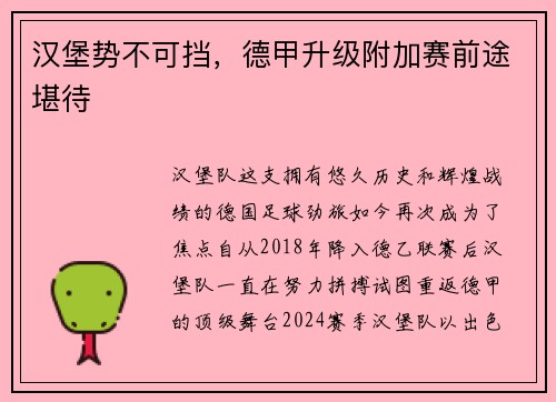 汉堡势不可挡，德甲升级附加赛前途堪待